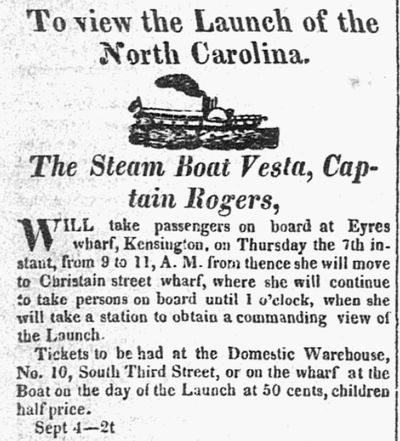 A newspaper clipping from 1820 about the launching and viewing of the North Carolina in Philadelphia.