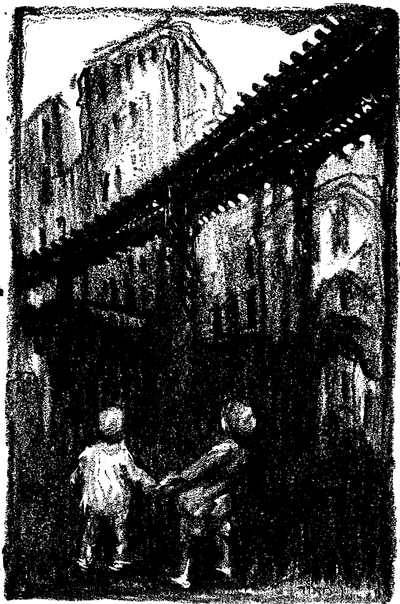charcoal sketch of two children holding hands in dark cityscape
