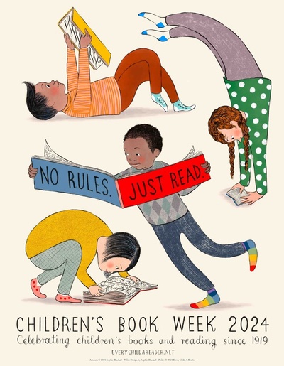 Illustration for children's book week 2024 featuring four diverse children reading books in various playful positions, with text that says no rules just read