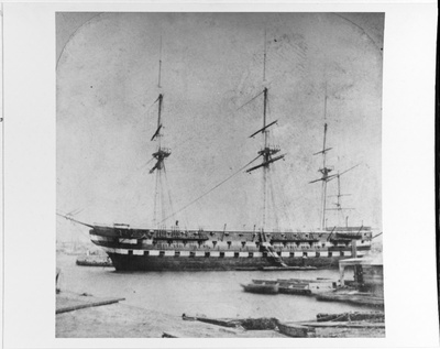 Old, black and white photo of the North Carolina in New York, circa 1860s.