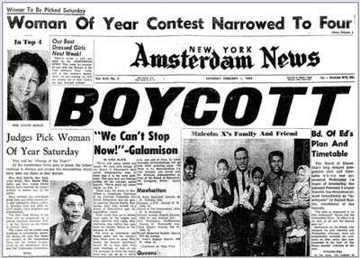 February 1964 - The New York City School Boycott held on February 3, 1964, was a mass boycott to protest segregation in the New York public school system. It involved nearly half a million, students, teachers, and protestors who rallied together to demand integration into the schools.