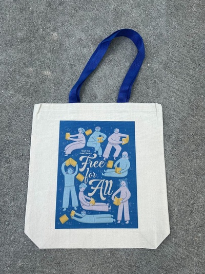 Picture of a canvas tote bag with a design of various people reading