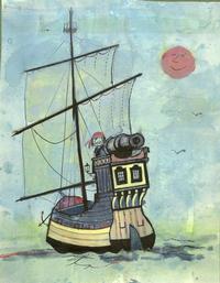 Illustration of a pirate ship at sea for Alfaro the Wheeled Pirate by Tomi Ungerer (unpublished), circa 1962-1968.