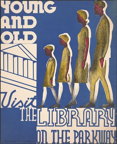 Vintage poster that depicts people of various ages visiting the Free Library of Philadelphia